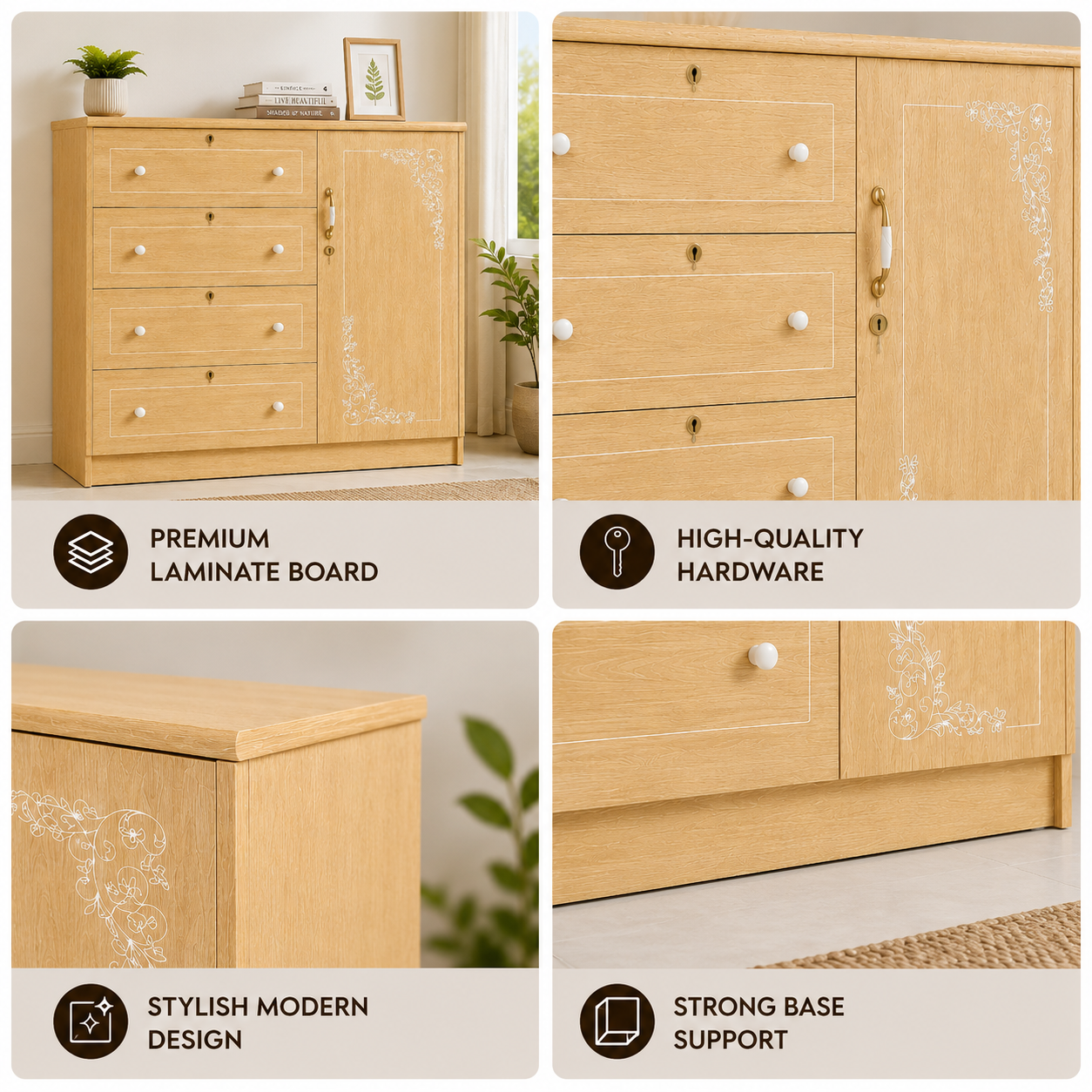 Picture of Timber Furniture 4 Drawer Dresser with 1 Door Storage Cabinet, Melamine Board