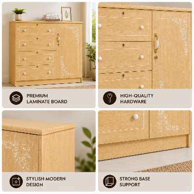 Picture of Timber Furniture 4 Drawer Dresser with 1 Door Storage Cabinet, Melamine Board