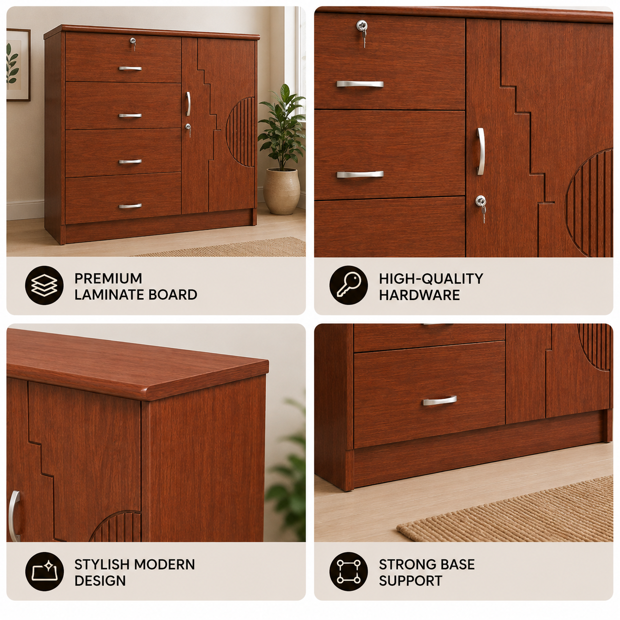 Picture of Timber Furniture 4 Drawer Bedroom Dresser with 1 Door Cabinet, Laminated Board