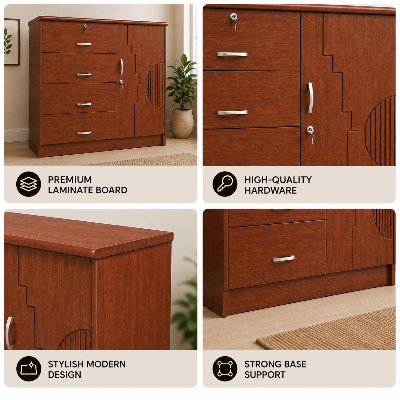 Picture of Timber Furniture 4 Drawer Bedroom Dresser with 1 Door Cabinet, Laminated Board