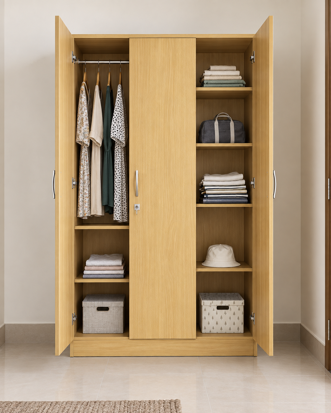 Picture of Timber Furniture Stylish 3 Door Laminated Board Wardrobe 42 W × 18 D × 70 H Inches