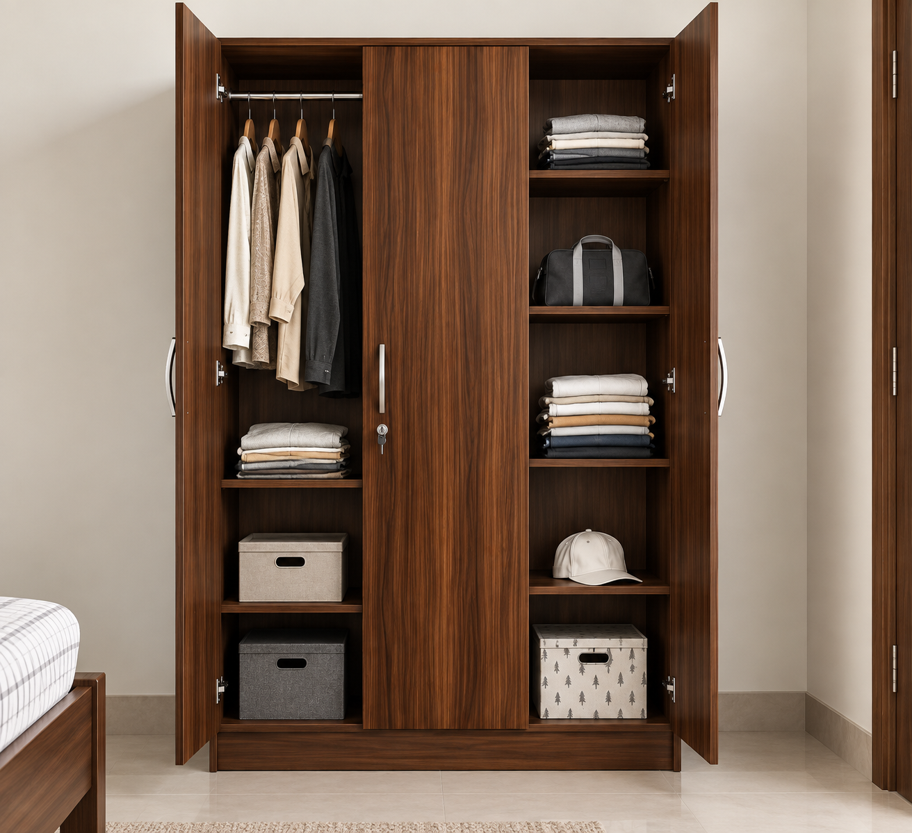 Picture of Timber Furniture Stylish 3 Door Laminated Board Wardrobe 42 W × 18 D × 70 H Inches