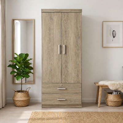 Picture of Timber Furniture Decorative 2 Door Laminated Board Wardrobe with 2 Drawers