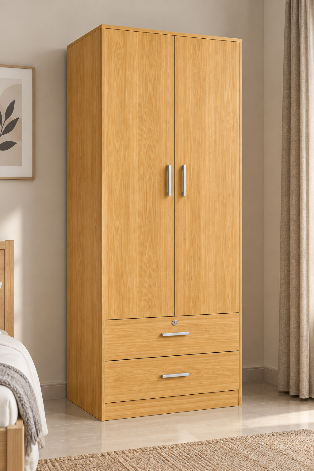 Picture of Timber Furniture Decorative 2 Door Laminated Board Wardrobe with 2 Drawers
