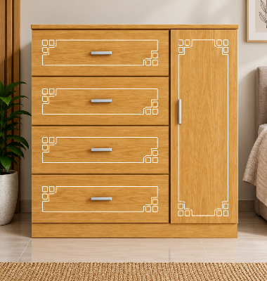 Picture of Timber Furniture Modern 4 Drawer Dresser with 1 Door Cabinet, Melamine Board