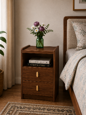 Picture of Timber Furniture 2 Drawer Bedroom Side Table with Open Shelf