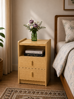 Picture of Timber Furniture 2 Drawer Bedroom Side Table with Open Shelf