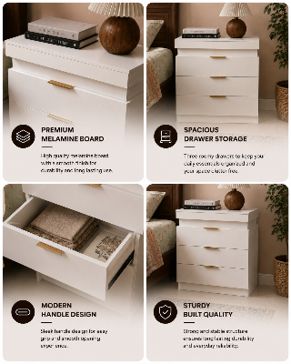 Picture of Timber Furniture Modern 3 Drawer Melamine Board Bedside Table