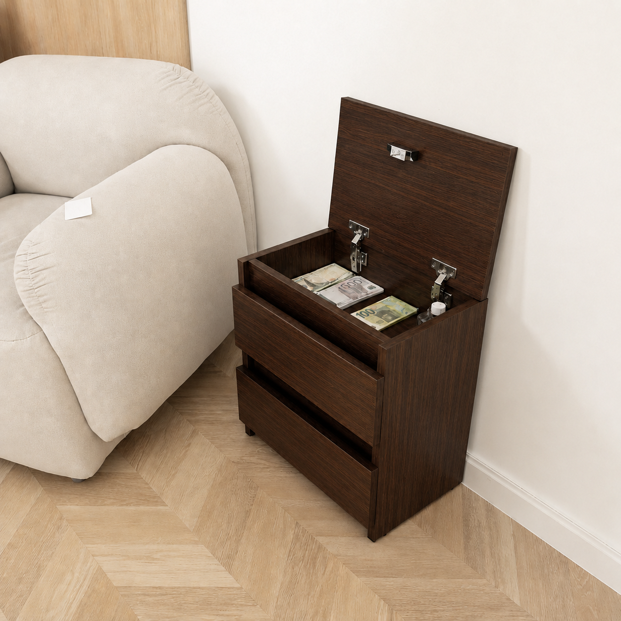Picture of Timber Furniture 2 Drawer Lift Top Storage Bedside Table