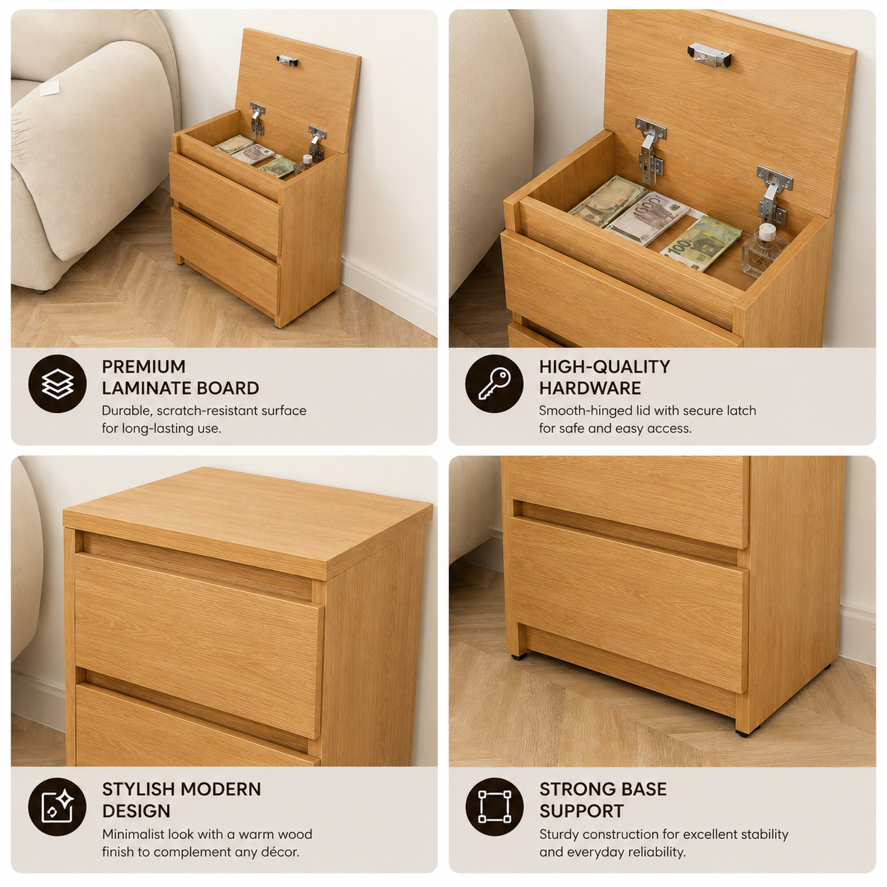 Picture of Timber Furniture 2 Drawer Lift Top Storage Bedside Table