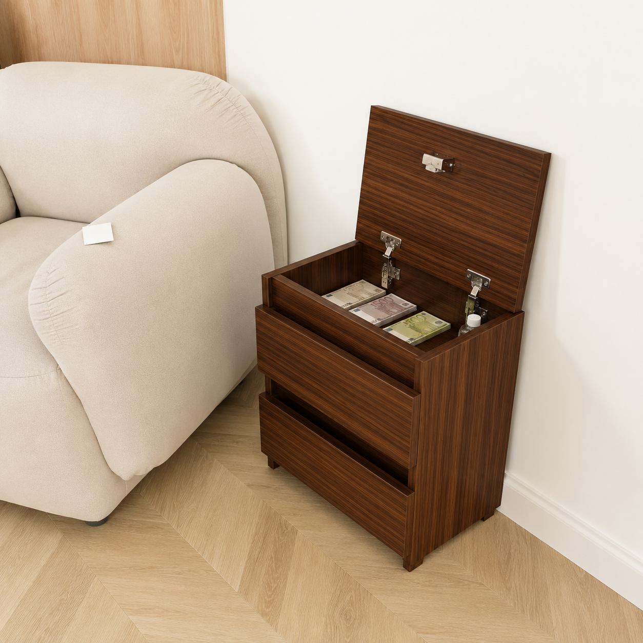 Picture of Timber Furniture 2 Drawer Lift Top Storage Bedside Table