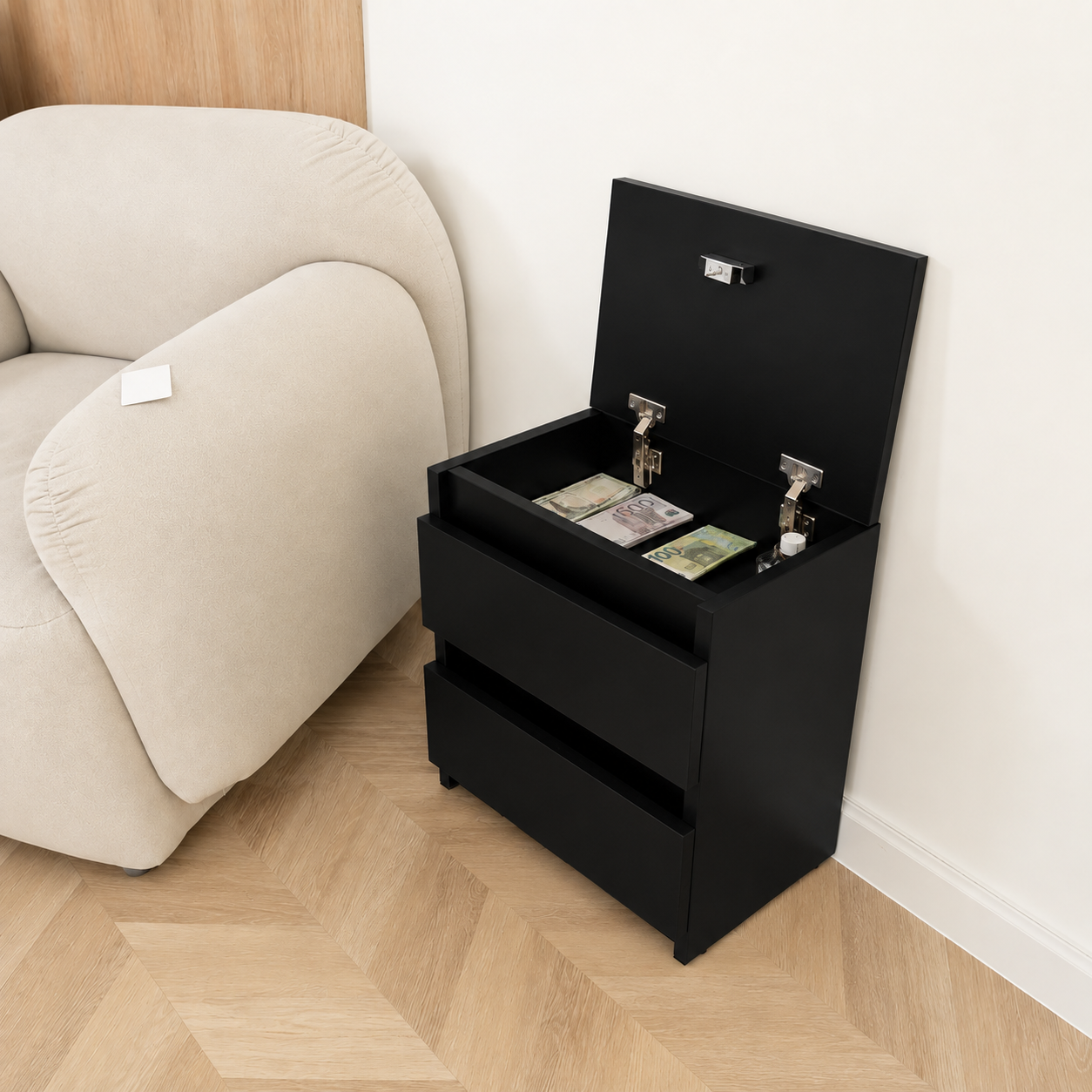 Picture of Timber Furniture 2 Drawer Lift Top Storage Bedside Table
