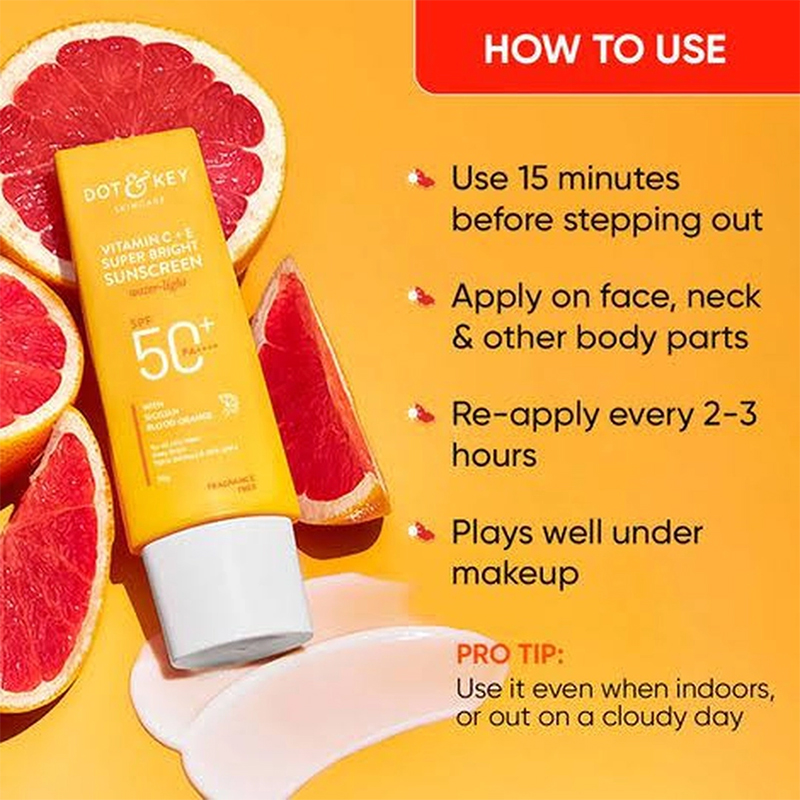 Picture of Dot & Key Vitamin C + E Super Bright Sunscreen SPF 50+++ | for Even Toned & Glowing Skin | No White Cast, WaterLight I UVA/B & Blue Light Protection 80gm