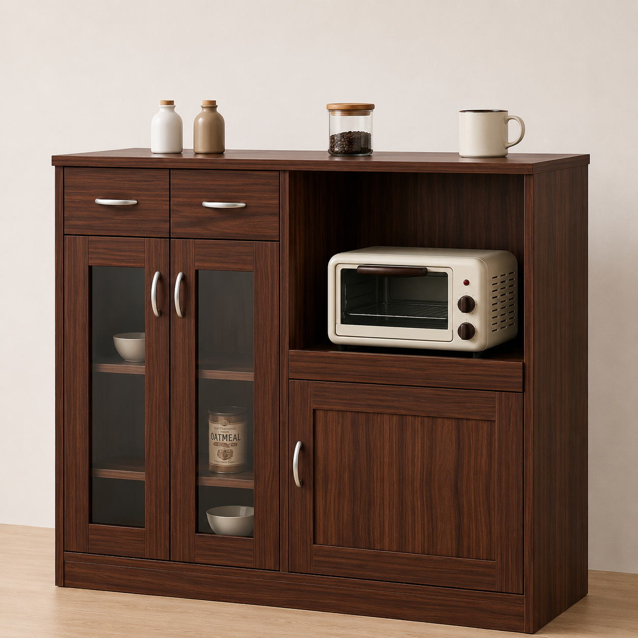 Picture of Timber Furniture Kitchen Storage Cabinet with Microwave Shelf, Laminated Board 48 W × 12 D × 36 H Inches