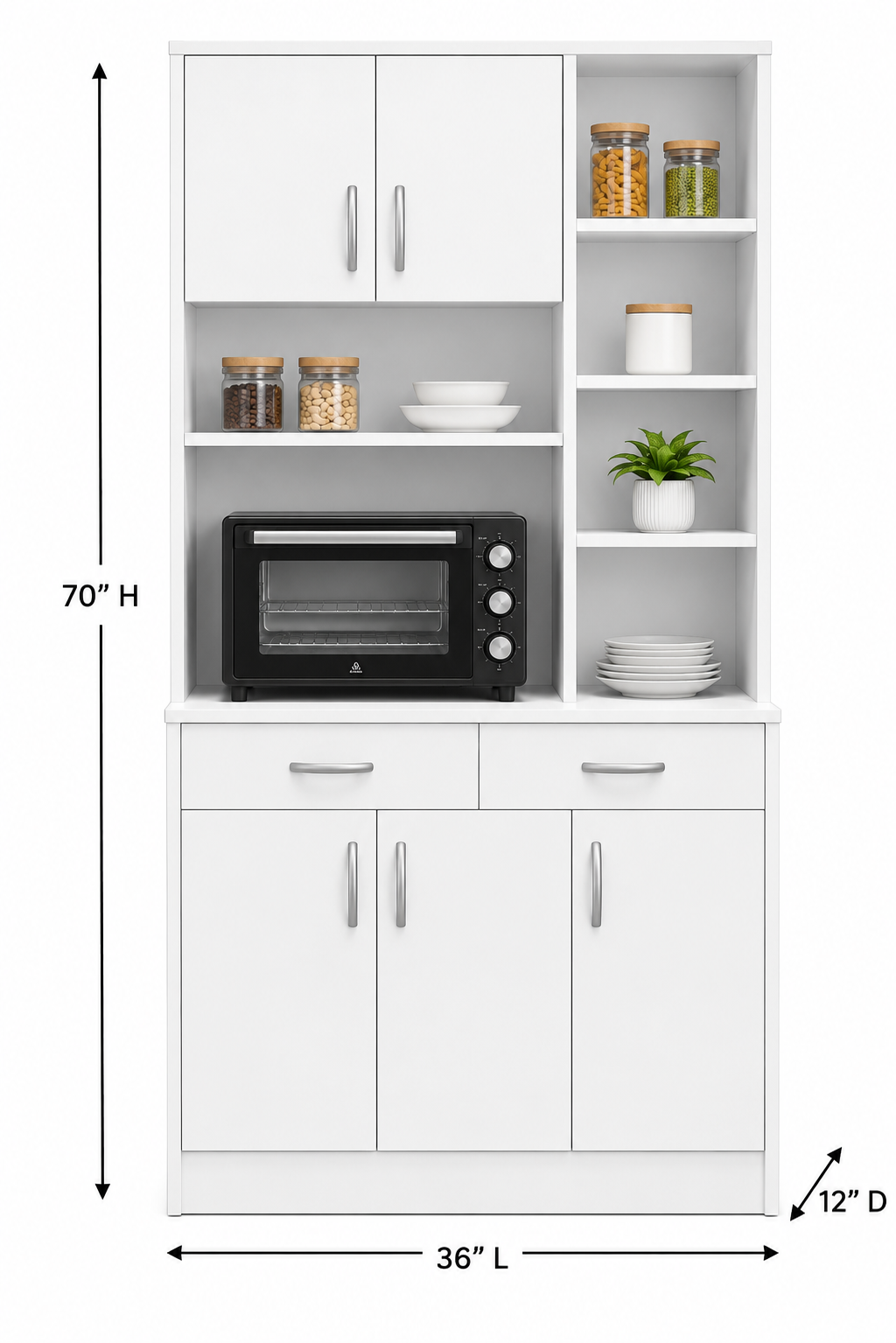 Picture of Timber Furniture Kitchen Storage Cabinet with 2 Doors and 3 Drawers, Laminated Board 36 L × 12 D × 70 H Inches