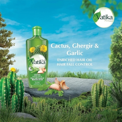 Picture of Vatika Naturals Cactus Hair Oil 300ml | Cactus, Ghergir, Ginger & Vitamins A, E, F | For Weak & Falling Hair No Parabens, Sulphates or Silicones (300 ML)