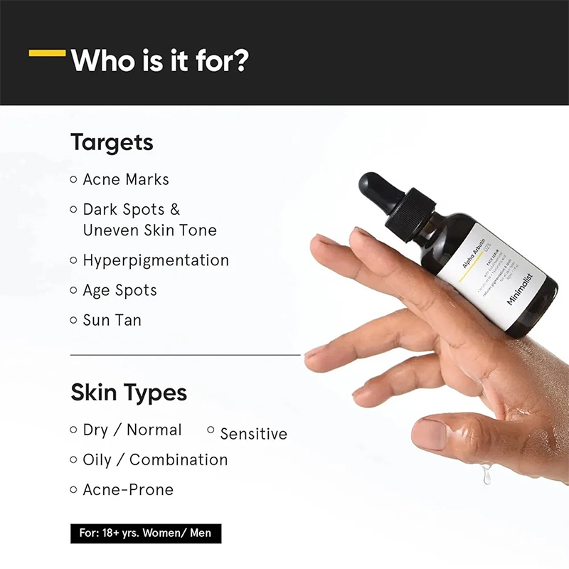 Picture of Minimalist 2% Alpha Arbutin Serum for Removing Pigmentation, Acne Marks, Dark Spots, Tanning & Blemishes | For Brighter & Even Tone | For Women & Men 30ml