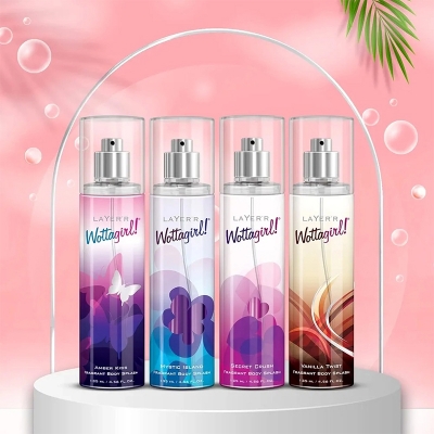 Picture of Layer'r Wottagirl Body Splash, 4x135ml (Amber Kiss + Mystic Island + Secret Crush + Vanilla Twist) | Long Lasting Body Spray for Women | Ideal Gift Set for Women