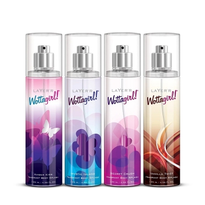 Picture of Layer'r Wottagirl Body Splash, 4x135ml (Amber Kiss + Mystic Island + Secret Crush + Vanilla Twist) | Long Lasting Body Spray for Women | Ideal Gift Set for Women