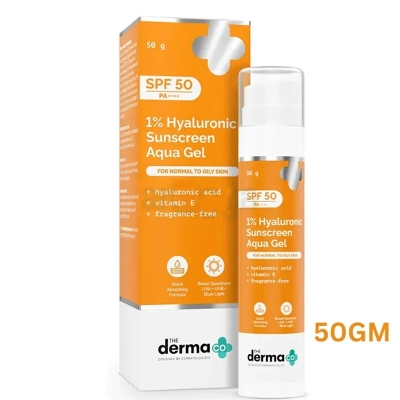 Picture of The Derma Co 1% Hyaluronic Sunscreen SPF50 PA++++ Aqua Gel for Broad Spectrum & Blue Light Protection For Normal to Oily Skin - 50gm