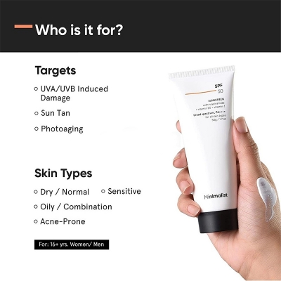 Picture of Minimalist SPF 50 Sunscreen with Niacinamide + Vitamin B5 + Vitamin F for All Skin Types 50gm