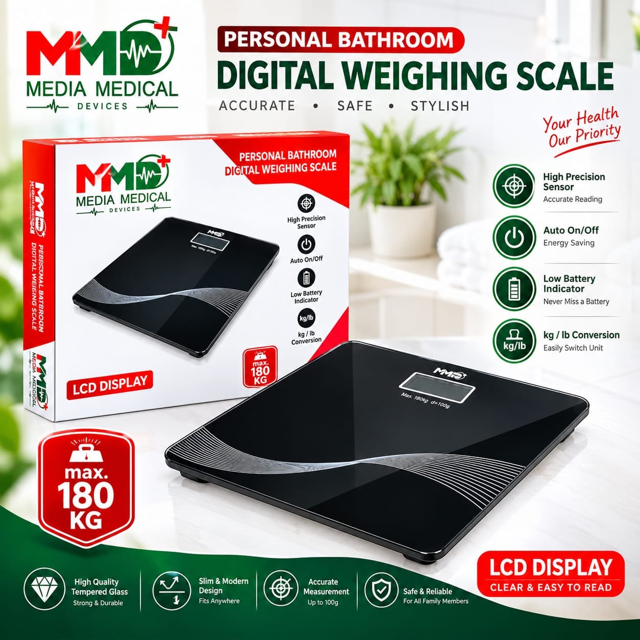 Picture of MMD Personal Bathroom Digital Weighing Scale High-Precision LCD Display Body Weight Machine | 180KG Capacity, Auto On/Off & Kg/Lb Conversion