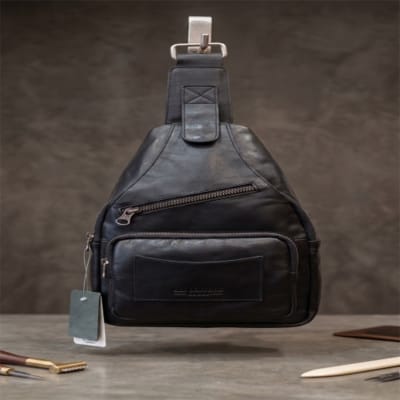 Picture of 
Men's Premium Black Leather Sling Bag | Casual Crossbody Chest Pack
