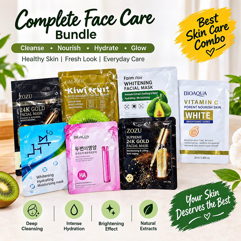 Picture of 8Pcs Korean & Imported Facial Sheet Mask Combo | Hydrating, Brightening & Moisturizing - Multicolor