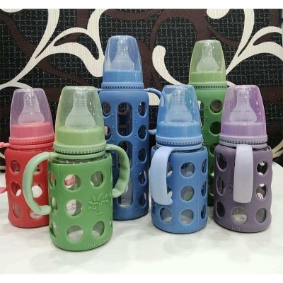 Picture of Minitree Glass Regular Neck Feeding Bottle with Handle 120ml (4oz), 3M+ – Blue ZR-603H