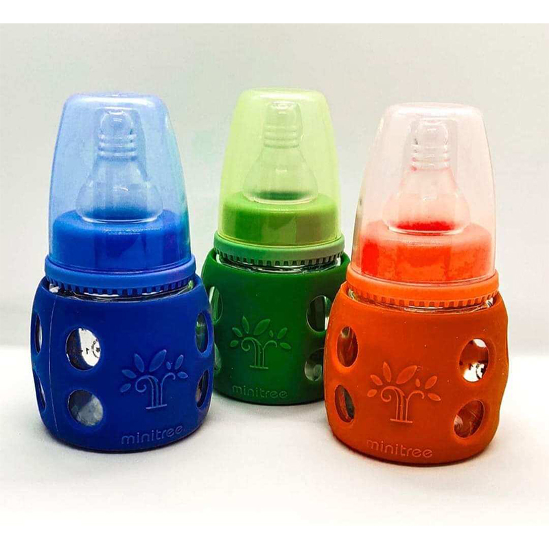 Picture of Minitree Glass Regular Neck Feeding Bottle with Handle 120ml (4oz), 3M+ – Blue ZR-603H