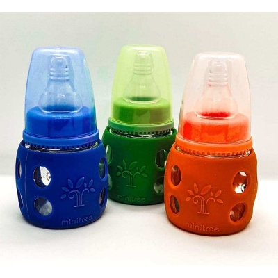 Picture of Minitree Glass Regular Neck Feeding Bottle with Handle 120ml (4oz), 3M+ – Blue ZR-603H