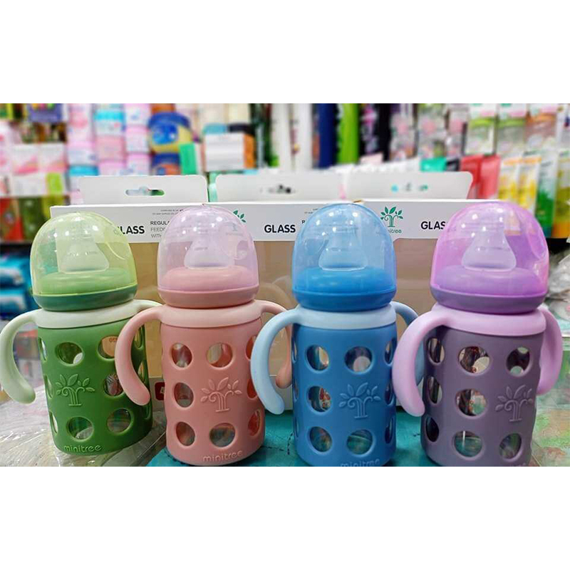 Picture of Minitree Glass Regular Neck Feeding Bottle with Handle 120ml (4oz), 3M+ – Blue ZR-603H