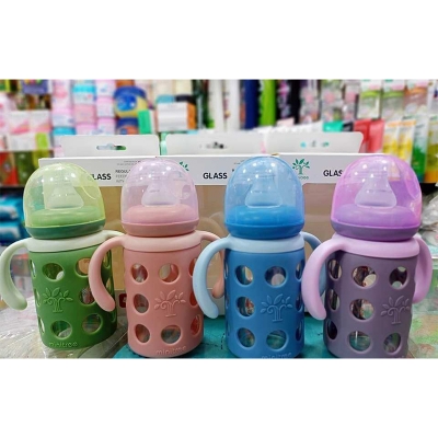 Picture of Minitree Glass Regular Neck Feeding Bottle with Handle 120ml (4oz), 3M+ – Blue ZR-603H