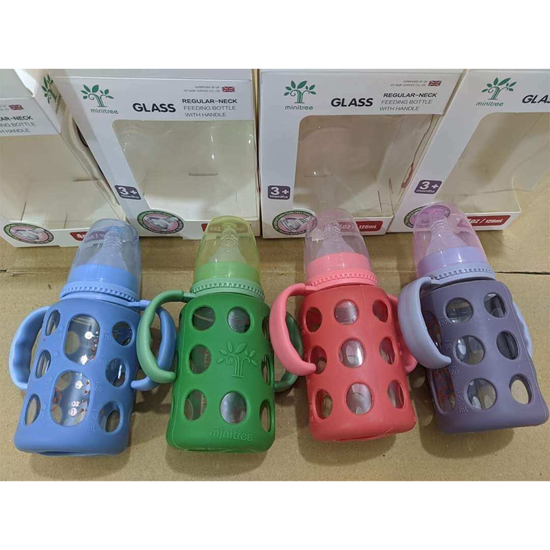 Picture of Minitree Glass Regular Neck Feeding Bottle with Handle 120ml (4oz), 3M+ – Blue ZR-603H
