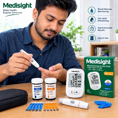 Picture of Medisight Blood Glucose & Uric Acid Monitoring System Dual-Function Diabetes & Uric Acid Testing Meter with Fast 5-Second Results, Easy Self-Testing & Portable Complete Kit