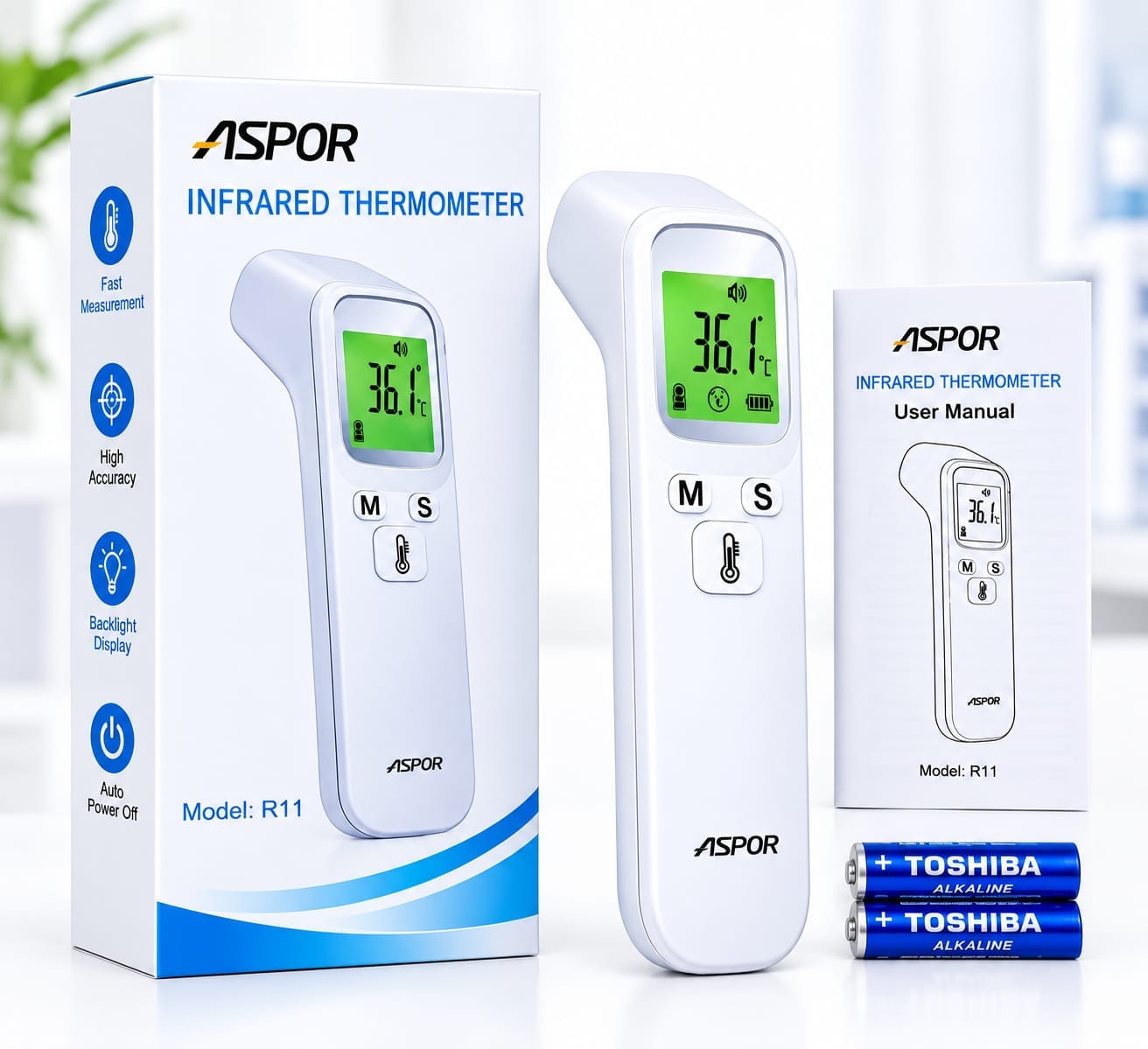Picture of ASPOR R11 Infrared Digital Thermometer – Fast & Accurate Non-Contact Temperature Measurement with Backlit LCD Display, Memory Function & Auto Power-Off
