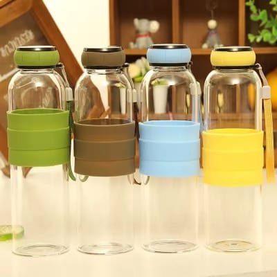 Picture of 550ml Pumpkin Shaped Glass Water Bottle Bottom Removable Tea Infuse and Silicone Sleeve - Grey