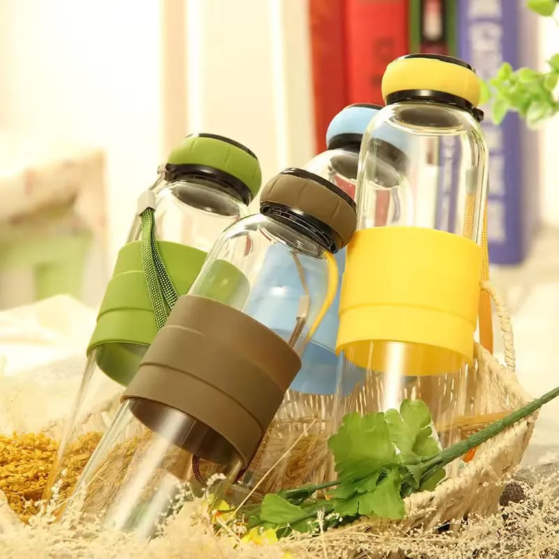 Picture of 550ml Pumpkin Shaped Glass Water Bottle Bottom Removable Tea Infuse and Silicone Sleeve - Grey