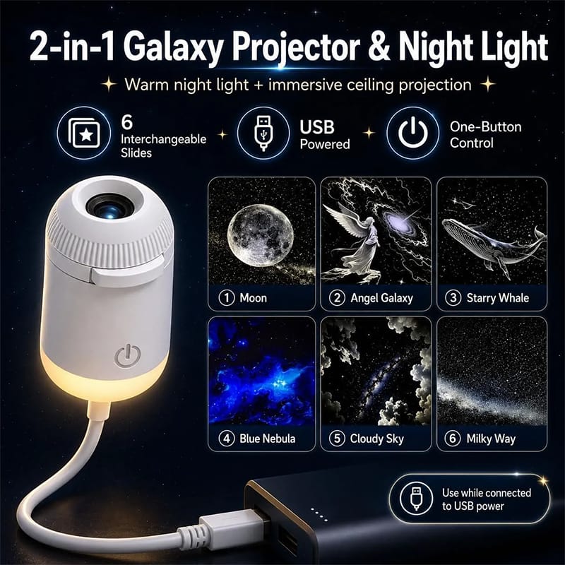 Picture of 2-in-1 Mini Galaxy Star Projector Night Light with Touch Control LED Plug-In Modern Design Warm White Room Decoration - White