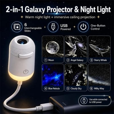 Picture of 2-in-1 Mini Galaxy Star Projector Night Light with Touch Control LED Plug-In Modern Design Warm White Room Decoration - White