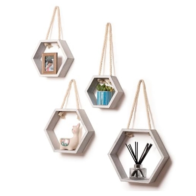 Picture of Floating Shelf Honeycomb Hexagon Shelves Wall Hanging Shelves Wall Hanging Rope Durable Shelves for Living Room Bedroom Bathroom Kitchen SPWL51
