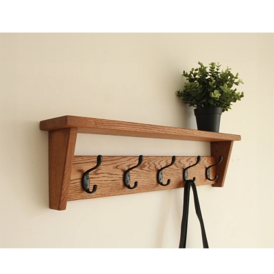 Picture of Wooden Wall Mounted Cloth Hook Adjustable Clothes Hangers wood oak coat hooks, Wall coat rack with shelf entryway, hallway or mudroom-Brown