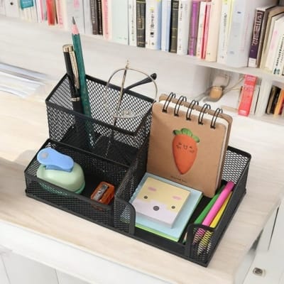 Picture of "Creative Black Metal Desk Organizer - 3-Grid Storage Rack, Multifunctional Pen Holder, Fireproof & High-Temperature Resistant, Coated Finish, 20.4 x 10.4 x 9.7 cm, Ideal for Office & Student Desks, 1 Piece"-Black