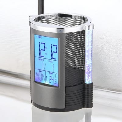 Picture of "Color-Changing Bubble LED Pen Holder with Digital LCD Alarm Clock - Gift Centre Multifunctional Desk Organizer, Features Countdown Timer & Temperature Display, Durable Black/Silver Plastic, Pencil Battery Operated, Perfect for Office & Student Desks, 1 P-Black