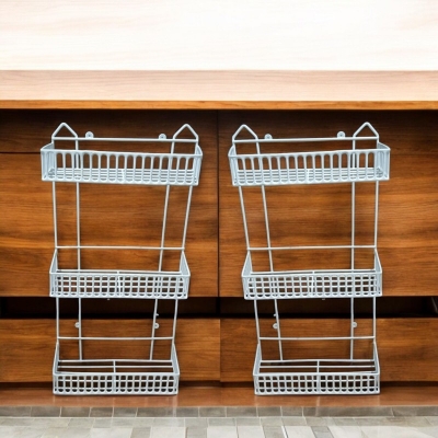 Picture of "Set of 2 – Durable Iron 3-Layer Square Wall Hanging Kitchen Rack, White Finish, Easy Installation, Modern Design, Space Saving Organizer for Accessories"-White