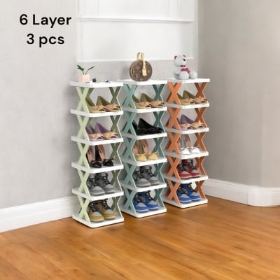 Picture of Narrow Corner 6-Tier Folding Shoe Rack: Space-Saving Vertical Organizer for Small Entryways and Closets, Adjustable Multi-Layer Design, Easy Assembly, Quantity: 3 Pieces, Durable Plastic Material-Multicolor