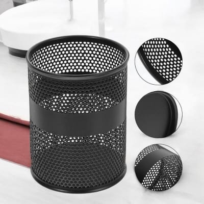 Picture of "Black Metal Mesh Round Pen Holder - Multifunctional Desk Organizer, Durable & Fireproof, High-Temperature Resistant, Coated Finish, 9.5 x 8.5 cm, Ideal for Office & Home, 1 Piece"-Black