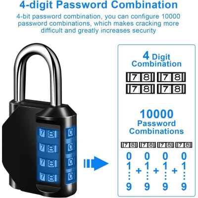 Picture of Combination Padlock 4 Digit Padlock, Zinc Alloy Code Padlock, No Need Keys, Change Yourself - Even Your Code At Will, Suitable for Lockers, Garages, Gates, Schools-Black