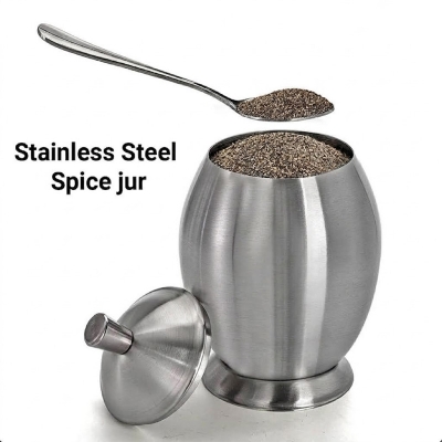 Picture of Stainless Steel Sugar Holder Seasoning Jar Condiment Pot Spice Container Canister Cruet and Lid Spoon Kitchen Tool-Silver