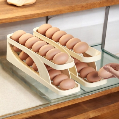 Picture of Food Grade Plastic Egg Dispenser - 2 pcs, Made in China, 14-15 Egg Capacity, Rolling and Automatic Sliding Spiral Holder, Perfect for Refrigerator Storage, Ideal Kitchen Gadget for Efficient Egg Management-Multicolor